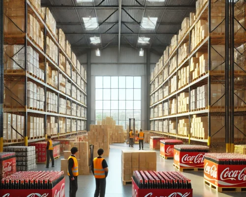 DALL·E 2024-12-17 18.23.03 - A clean and modern warehouse filled with neatly stacked Coca-Cola products, including bottles and cans. The environment is well-lit, organized, and co