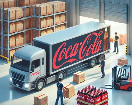 DALL·E 2024-12-17 18.23.11 - A professional delivery truck with Coca-Cola products being loaded and unloaded by workers in a distribution center. The scene highlights efficiency a