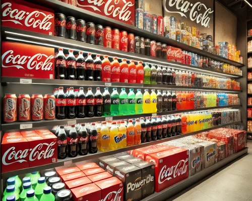 DALL·E 2024-12-17 18.23.16 - A variety of Coca-Cola products on display, including cans, bottles, and other beverages such as Powerade and Fanta. The products are arranged neatly